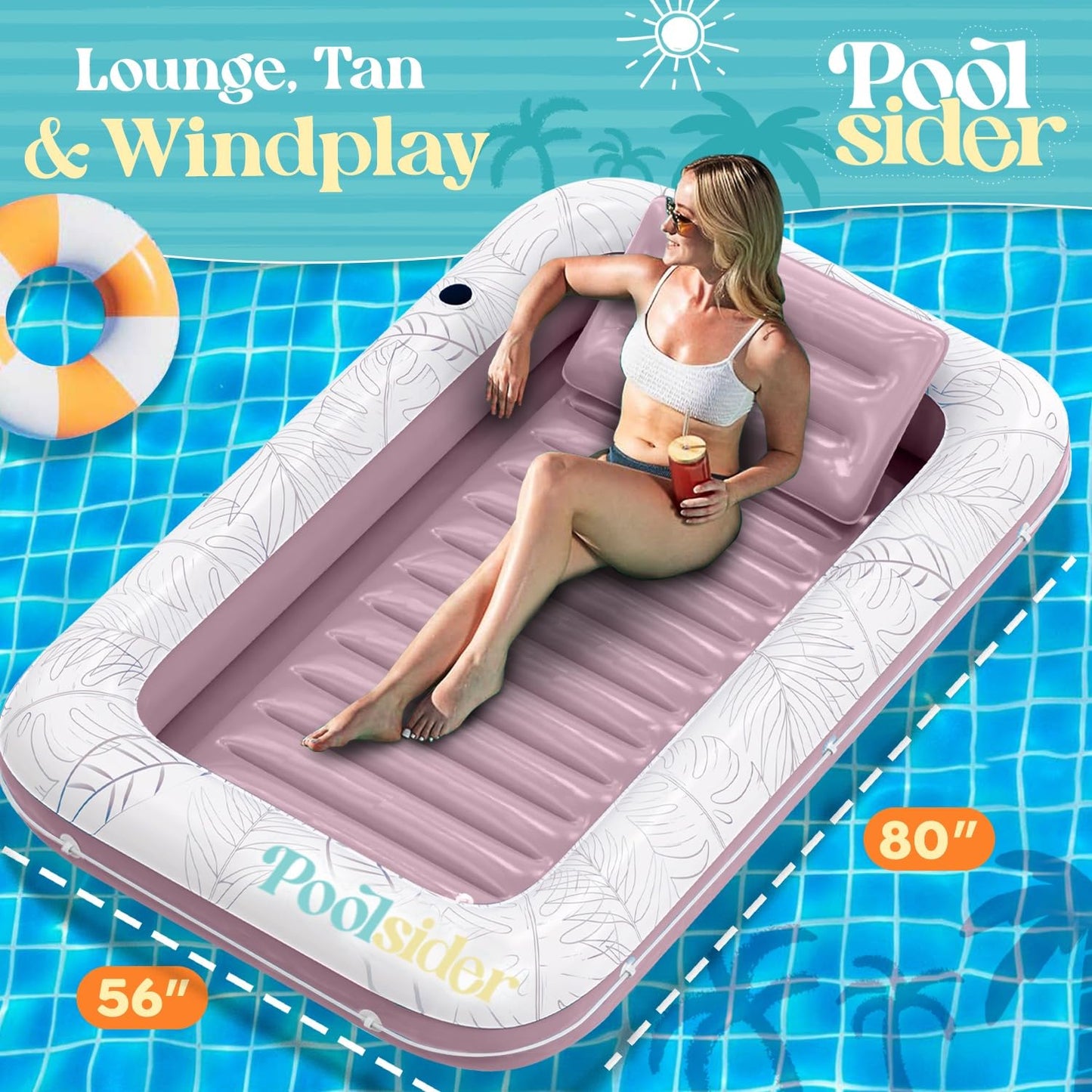 enhanced Inflatable Tanning Pool Lounger | XL Inflatable Tanning Bed for mature-themeds | Multipurpose Pool Floats | Inflatable Pool Float | Tanning Float - Pink