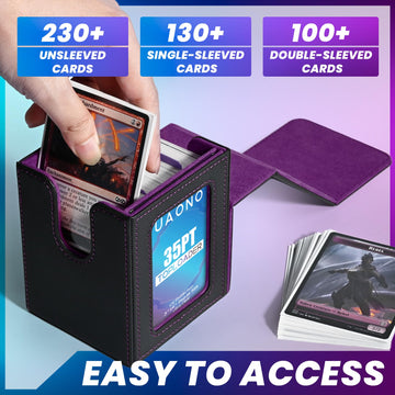 Uaono Card Deck Box With Mtg Commander Display, Deck Case Holds 100+ Double-Sleeved Cards, Trading Card Storage Box Fits Tcg/Ptcg/Sports Card With 2 Dividers, 1 Toploader (Black, Purple)
