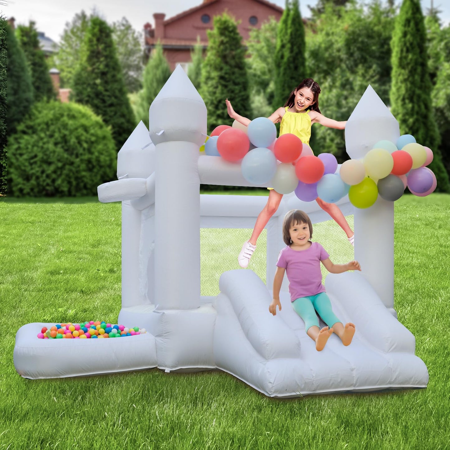 White Wedding Inflatable Bounce House with Blower Jump House with Slide for Kids Party Wedding Family Castle 9ftL