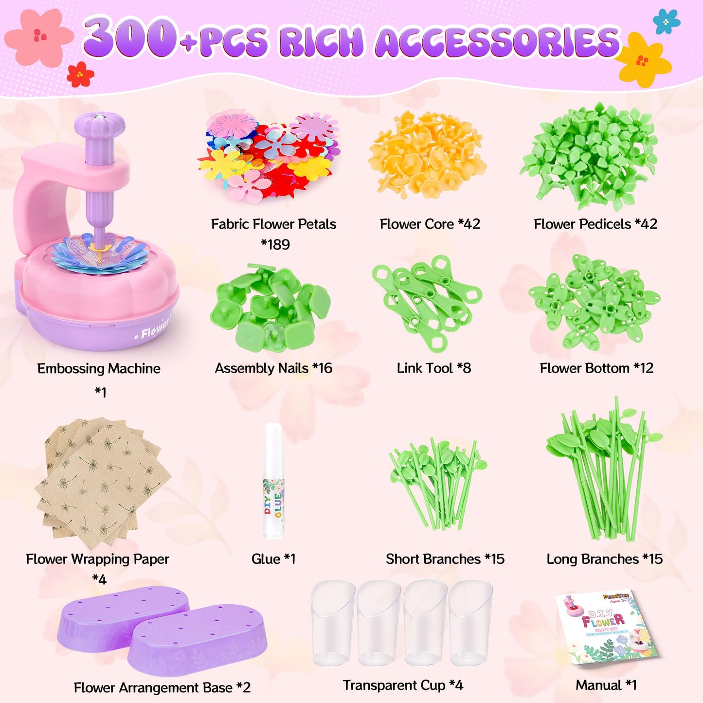 GirlsHome 300+PCS Fabric Flower Bouquets Toys, DIY Flower Crafts Kits for Kids, Arts and Crafts for Kids Ages 6-8 Girls, Flower