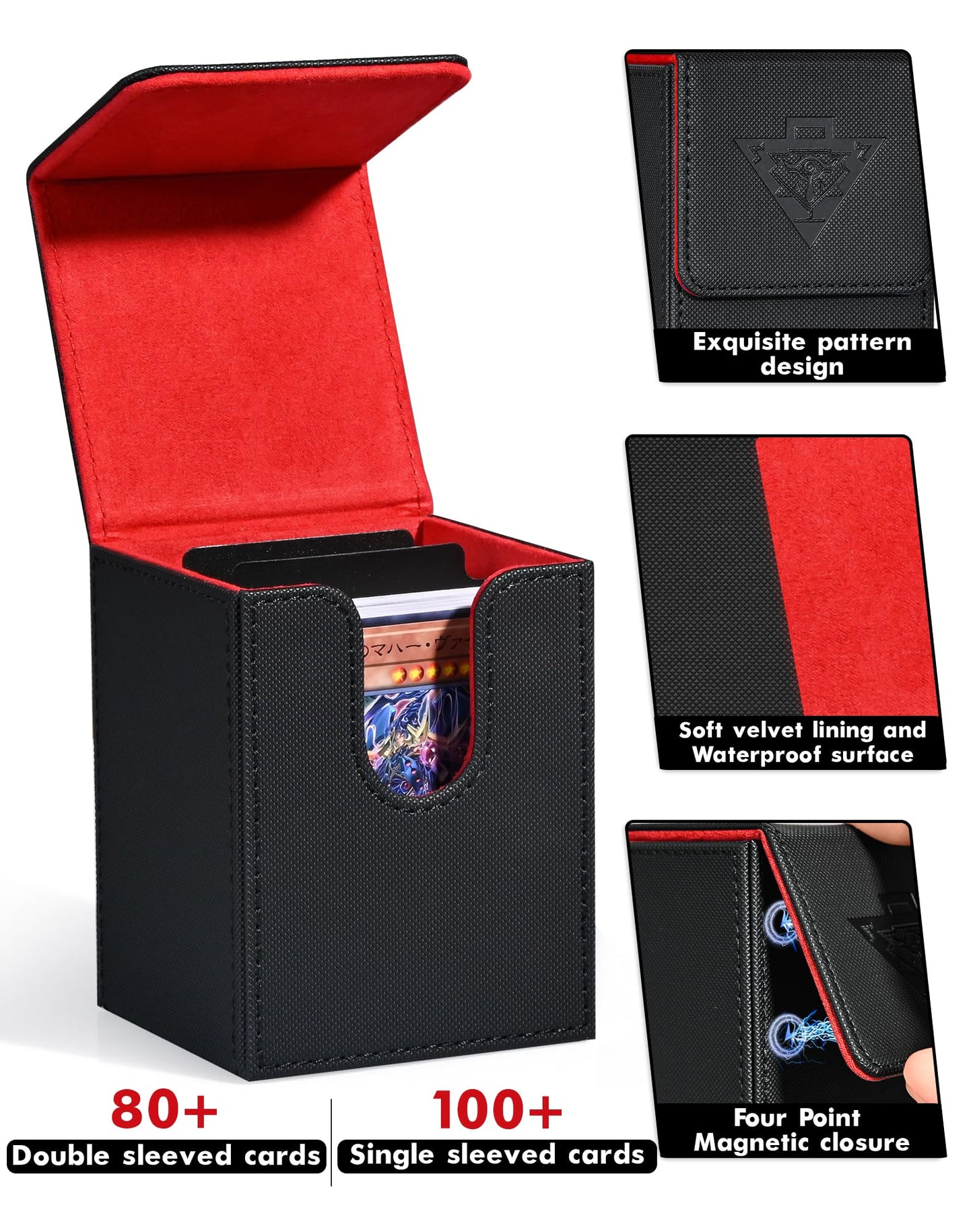 Zlca Card Deck Box Fits Yugioh Tcg, Card Storage Box With Dividers Holds 100+ Sleeved Cards, Premium Card Deck Case Compatible With Ccg Trading Cards (Black&Red,Puzzle)