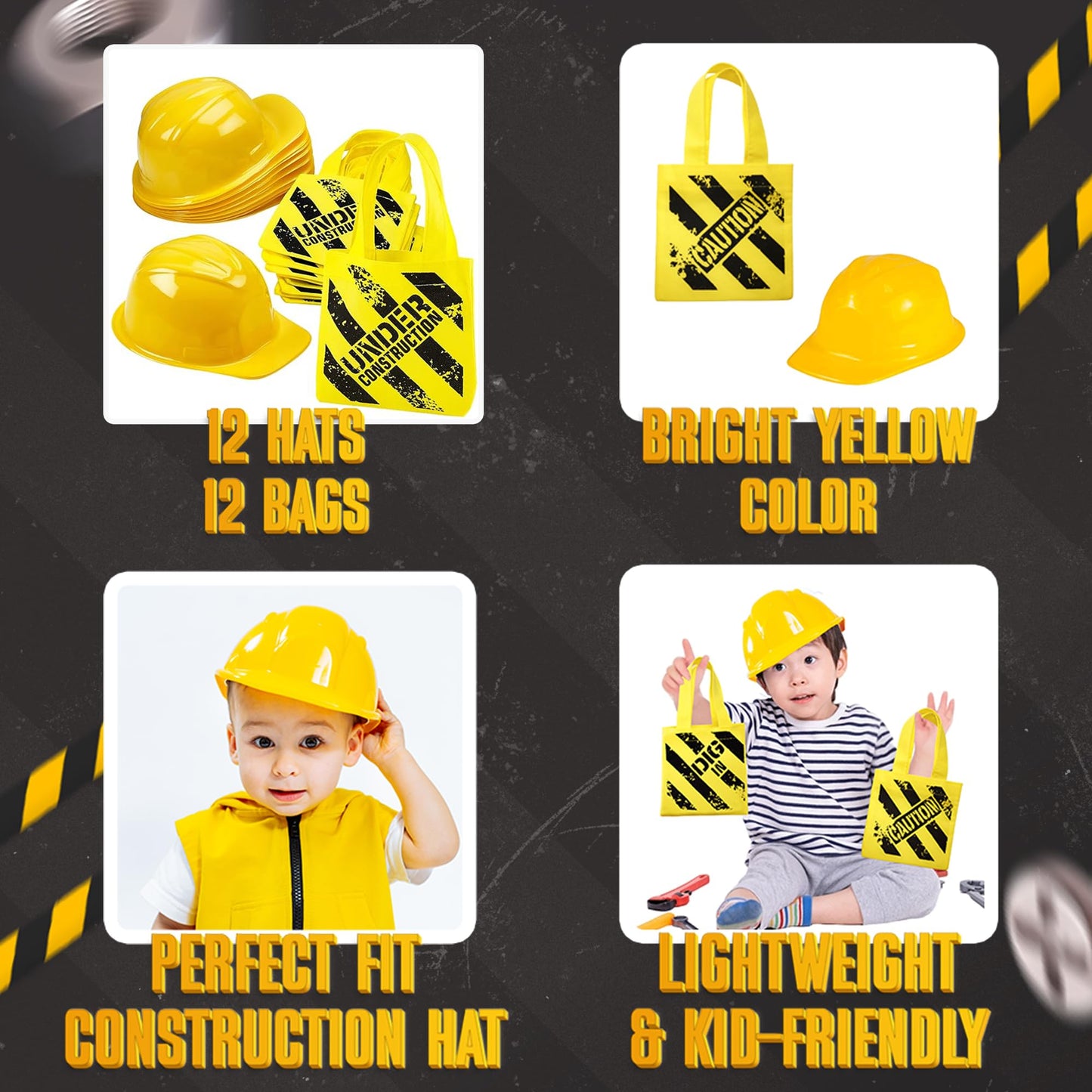 Bedwina Construction Themed Party Supplies - (24 Pack) Construction Party Favors Hat & Mini Tote Bag Supplies - (12) Yellow Cons