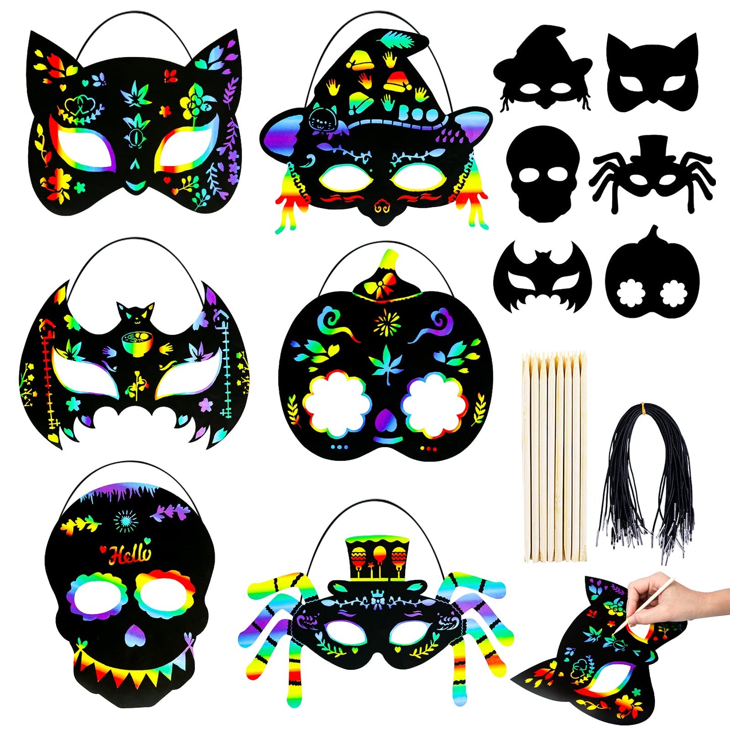 MGparty Halloween Crafts 42PCS Halloween Rainbow Scratch Mask Magic Scratch Paper Art for Kids Birthday Classroom Decoration Par