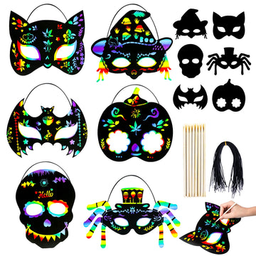 MGparty Halloween Crafts 42PCS Halloween Rainbow Scratch Mask Magic Scratch Paper Art for Kids Birthday Classroom Decoration Par