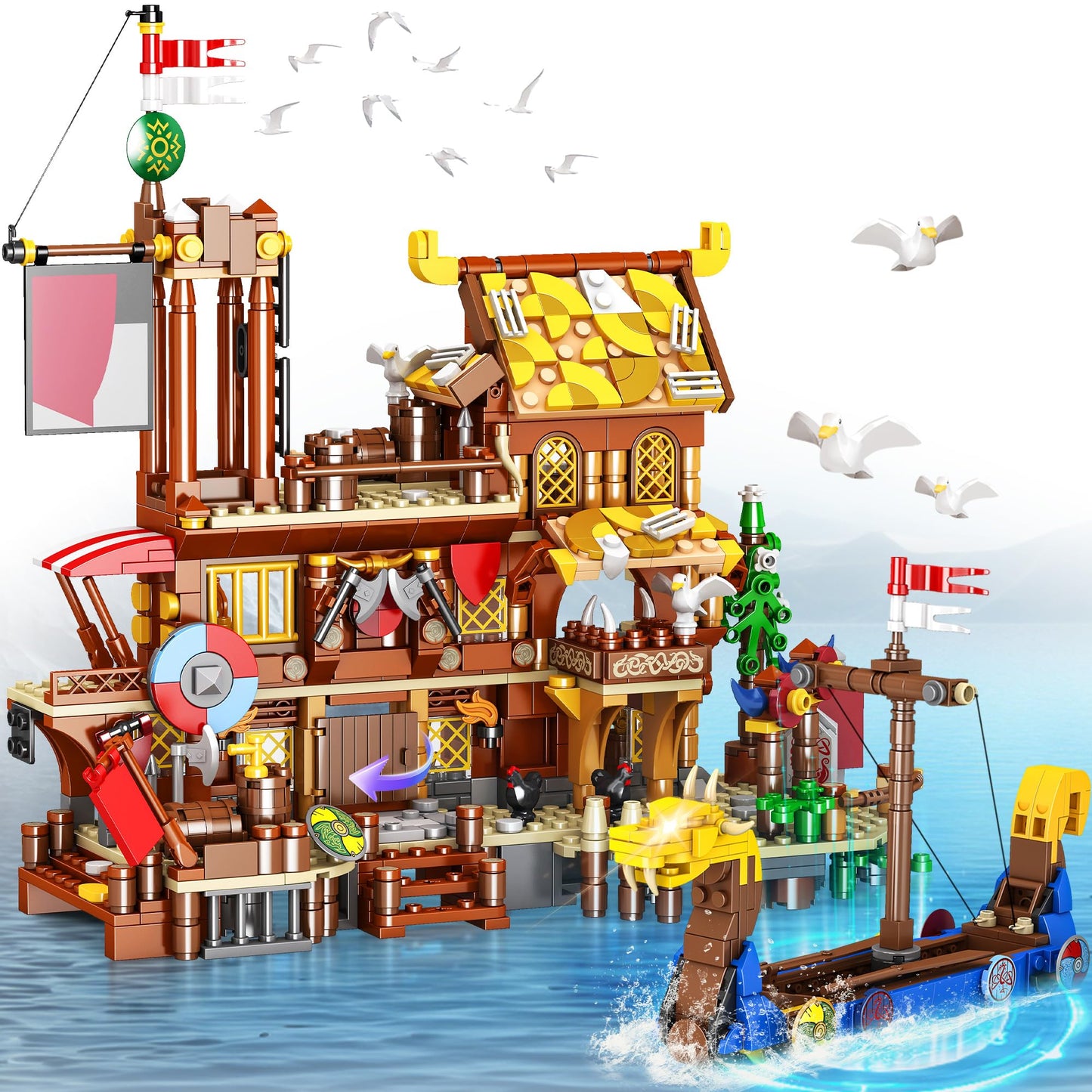 Driveplexpro Viking Pirate Ship Building Blocks, Viking-Themed Building Set House & Ship Model Kit, Classic Toys Creative Constr