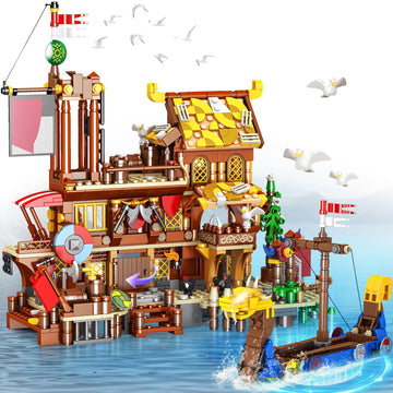 Driveplexpro Viking Pirate Ship Building Blocks, Viking-Themed Building Set House & Ship Model Kit, Classic Toys Creative Constr
