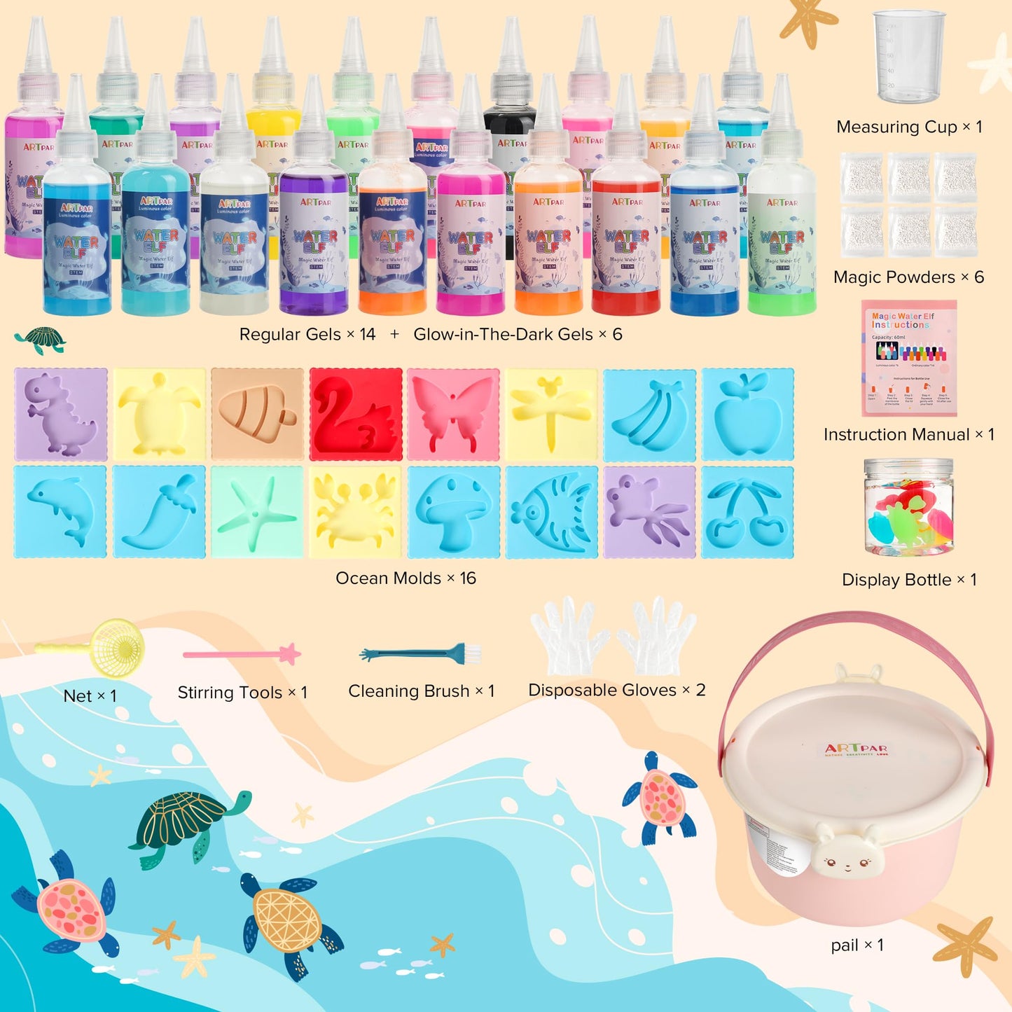 ARTPAR Water Elf Magic Gel Kit - 20 Colorful Gels + 16 Fantasy Molds - Non-Toxic Sensory Toys for Kids - Creative Arts & Crafts