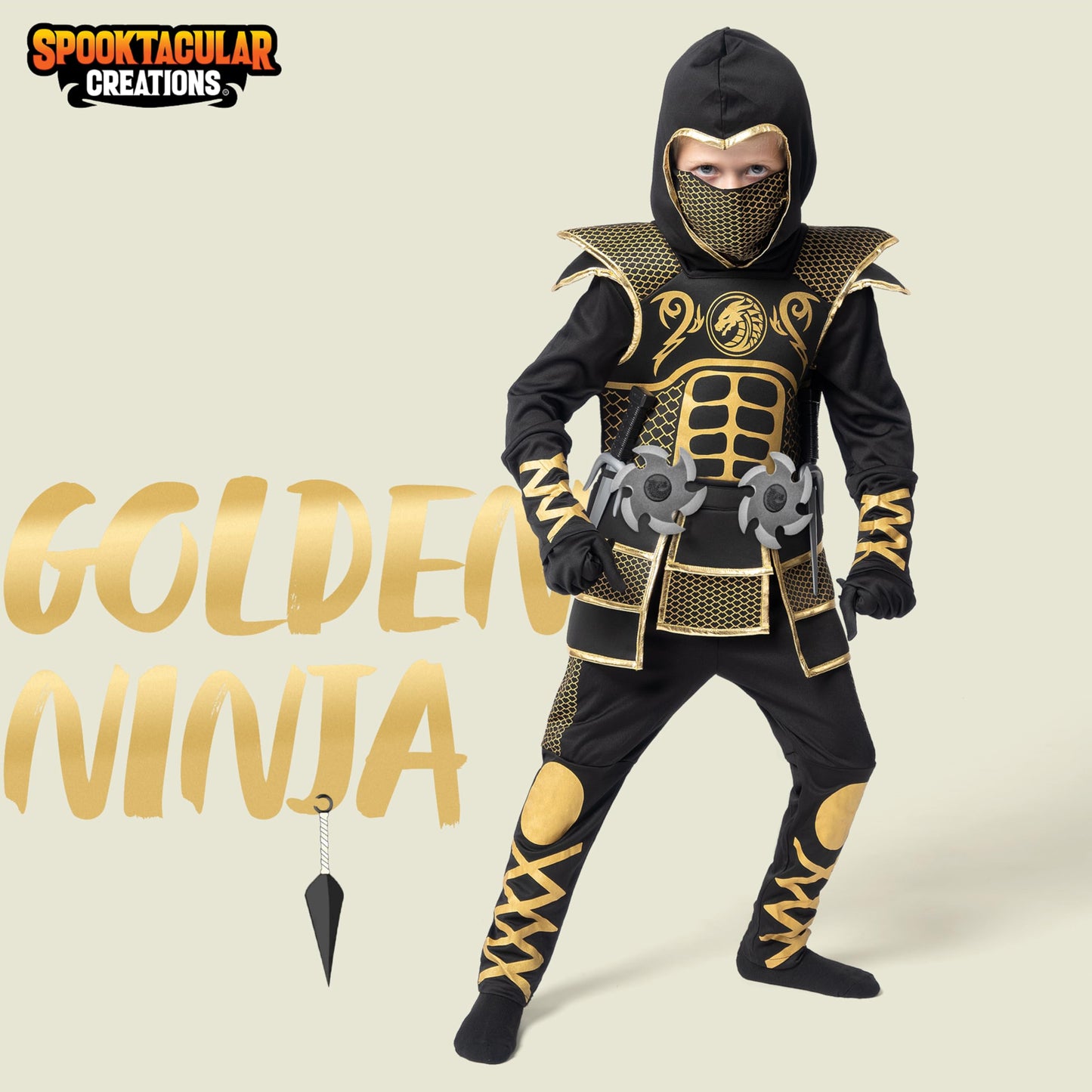 Spooktacular Creations Golden Ninja Costume for Boys  Kids Ninja Outfit Set with Golden protective covering and Patterns for Halloween Costume Dress Up Party  S