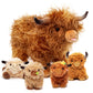 OUOZZZ Highland Cow Plush Toy - Large Fluffy Stuffed Animal with 4 Baby Calves - Travel-Friendly Gift for Kids 14.5"
