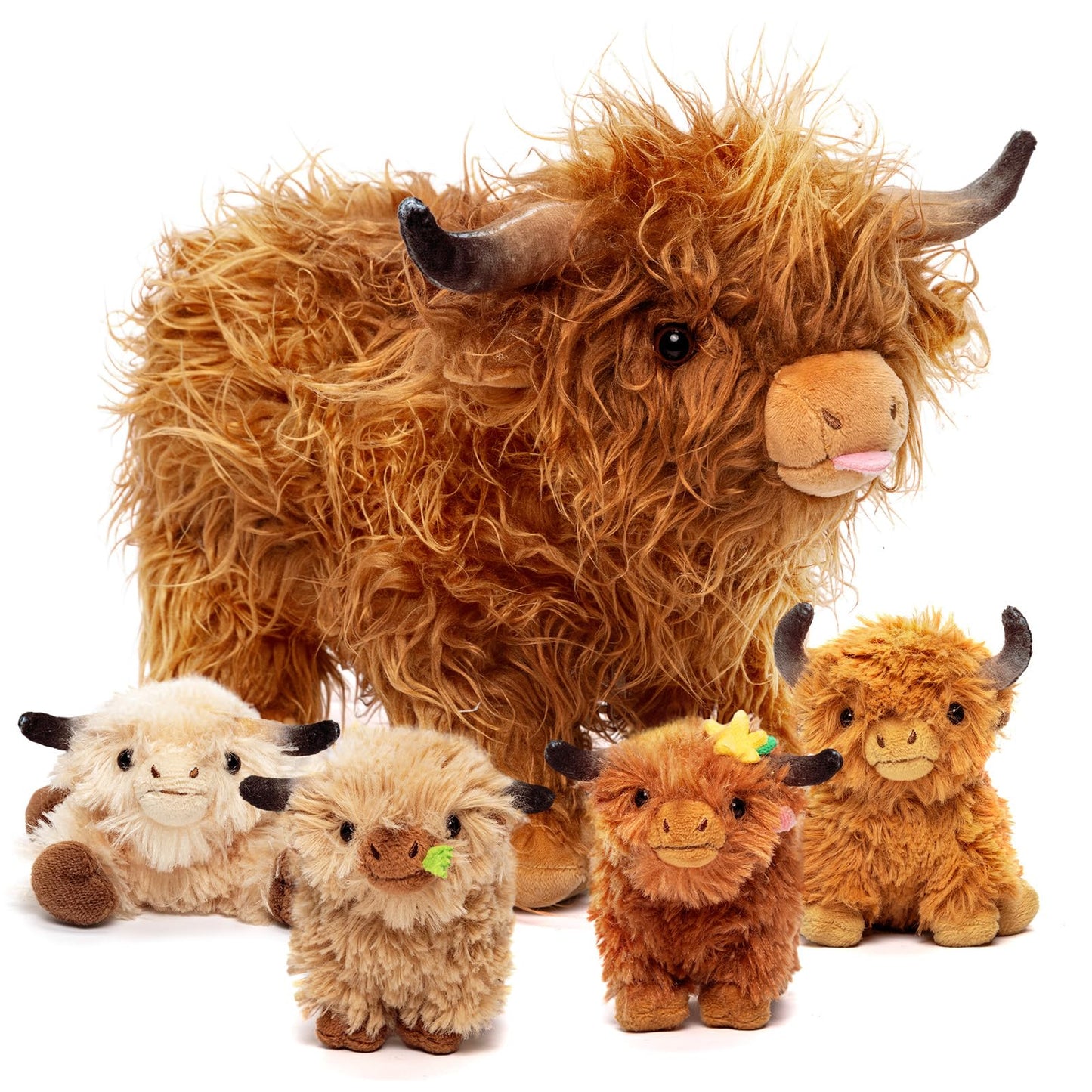 OUOZZZ Highland Cow Plush Toy - Large Fluffy Stuffed Animal with 4 Baby Calves - Travel-Friendly Gift for Kids 14.5"