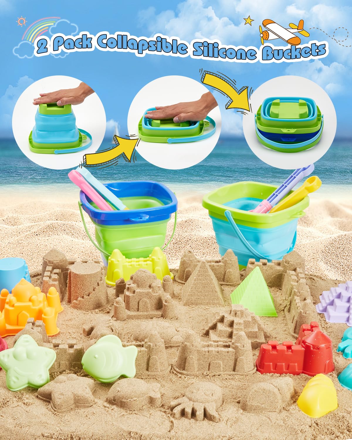 Beach Toys For Toddlers 1-3, Beach Toy Sand Toy For Kids Ages 4-8, 2 Collapsible Sand Bucket And Shovels, Mesh Bag, Sand Castle