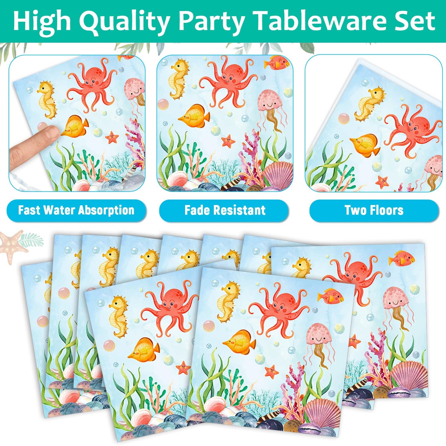 Gisgfim 96Pcs Under The Sea Baby Shower Party Supplies Paper Plates Napkins Ocean Theme Party Tableware Set Ocean Animal Underwa