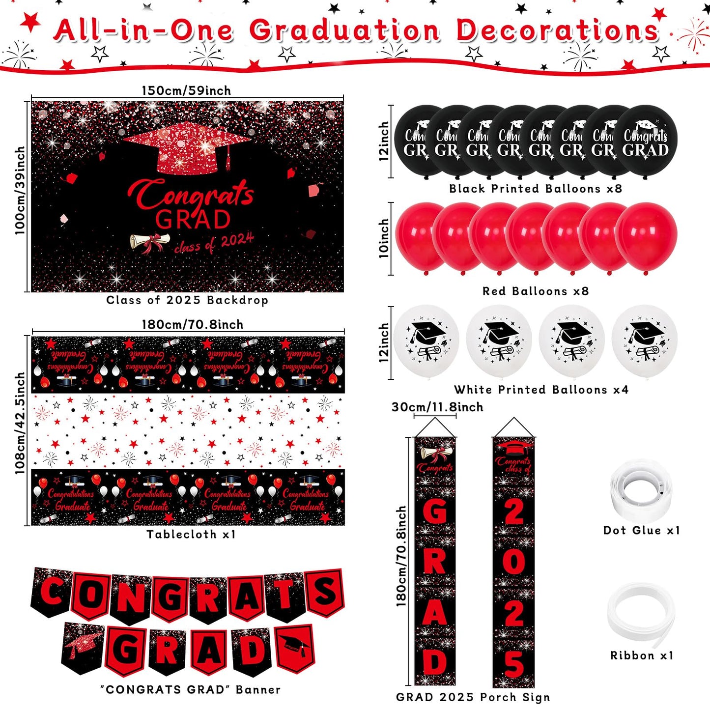 Graduation Decorations 2025, Red and Black Graduation Decorations Class of 2025 Congrats Grad Backdrop Tablecloths Banner Porch