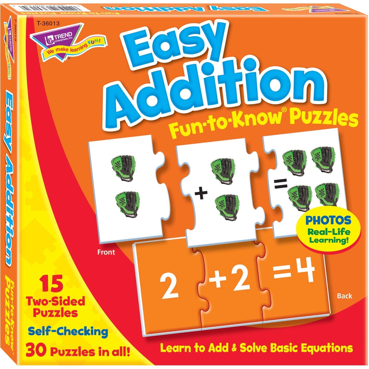 Trend Enterprises: Fun-To-Know Puzzles: Easy Addition, Learn To Add & Solve Basic Equations, 15 Three-Piece Two-Sided Puzzles, Self-Checking, 30 Puzzles Total, For Ages 4 And Up