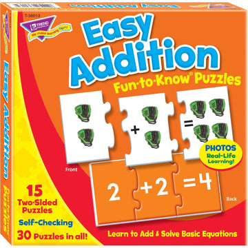 Trend Enterprises: Fun-To-Know Puzzles: Easy Addition, Learn To Add & Solve Basic Equations, 15 Three-Piece Two-Sided Puzzles, Self-Checking, 30 Puzzles Total, For Ages 4 And Up