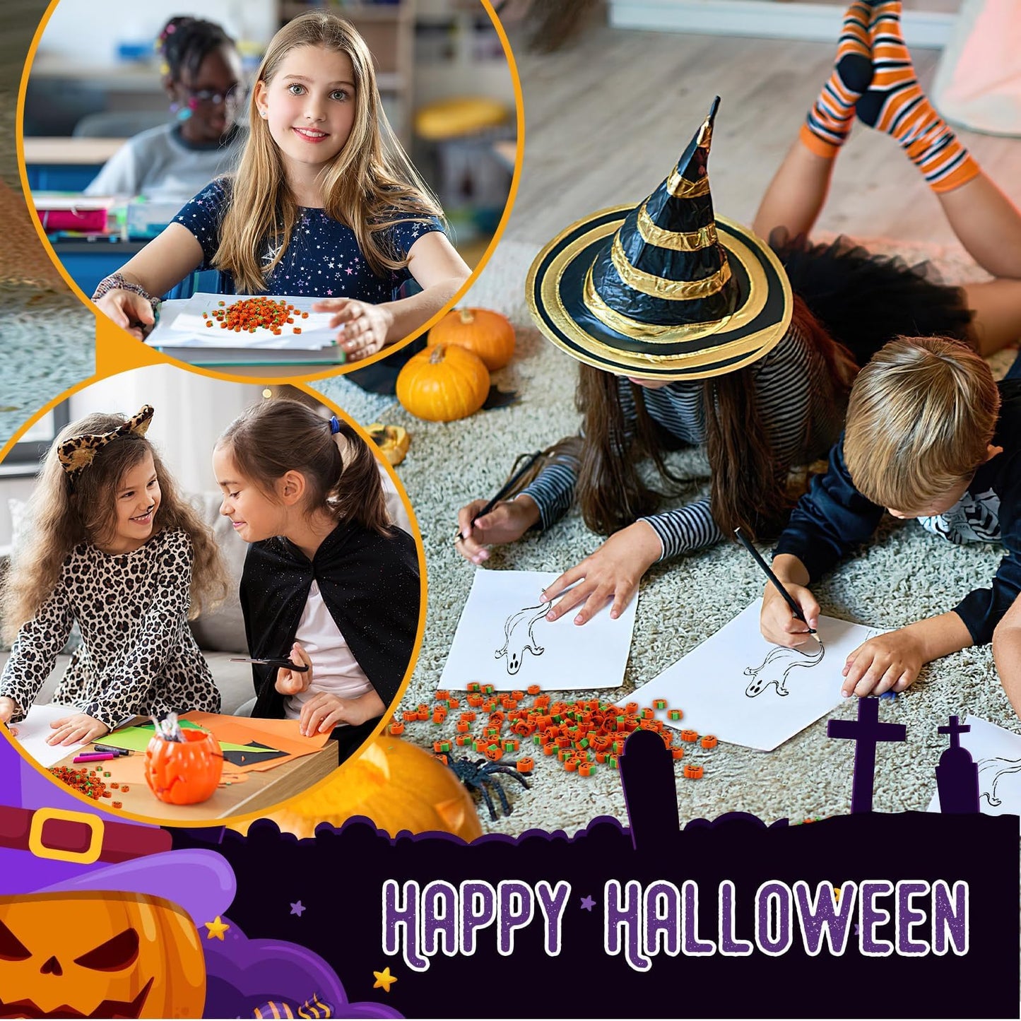 JUNEBRUSHS 150 Pcs Halloween Mini Erasers, Cute Small Pumpkin Erasers Bulk for Kids Trick or Treat Halloween Party Favors, Stude