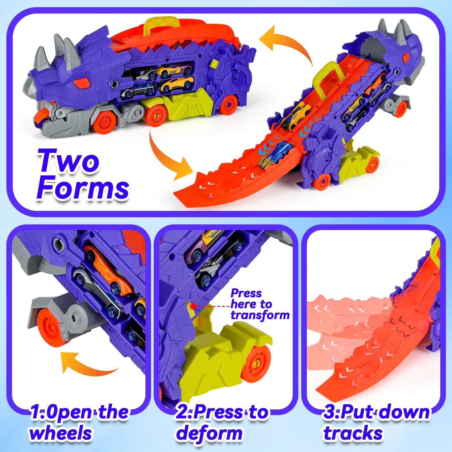 ISMETACU Dinosaur Ultimate Hauler Transport Track Truck - Transforms into Triceratops, Includes 8 Die-Cast Cars, Purple, Model DT-1
