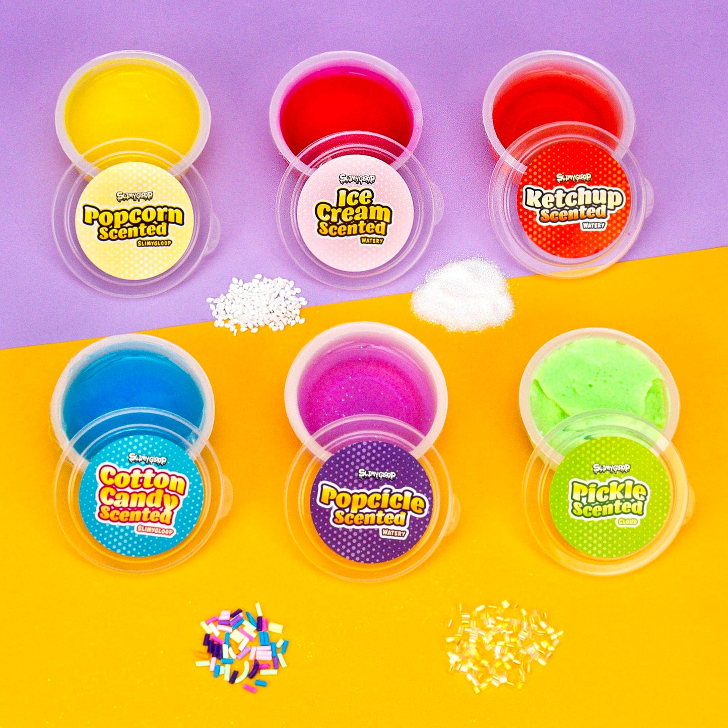 Slimygloop Foodie Box Set, 6-Pack Scented Slimes, Fluffy Slime Cloud, Glitter Slime, Water Slime, Fun Slime Add Ins, Slime For Kids, Kids Party Favors Goodie Bags, Slime Bulk, Kids Slime, Food Slime