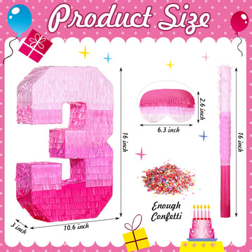 Sratte Number Piñata Pink Piñata Birthday Decorations Gradient With Stick Blindfold Confetti For Girls Boys Birthday Anniversary Party Decorations Supplies(Number 3)