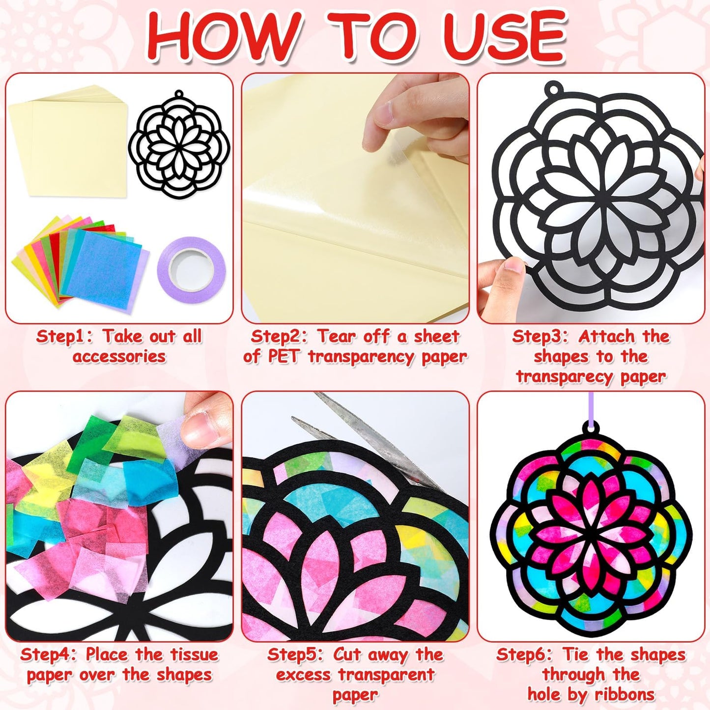 Qyeahkj 36 Set Mandala Suncatchers Crafts for Kids DIY Mandala Window Tissue Paper Craft Kit Art Flower Hanging Decor for Summer