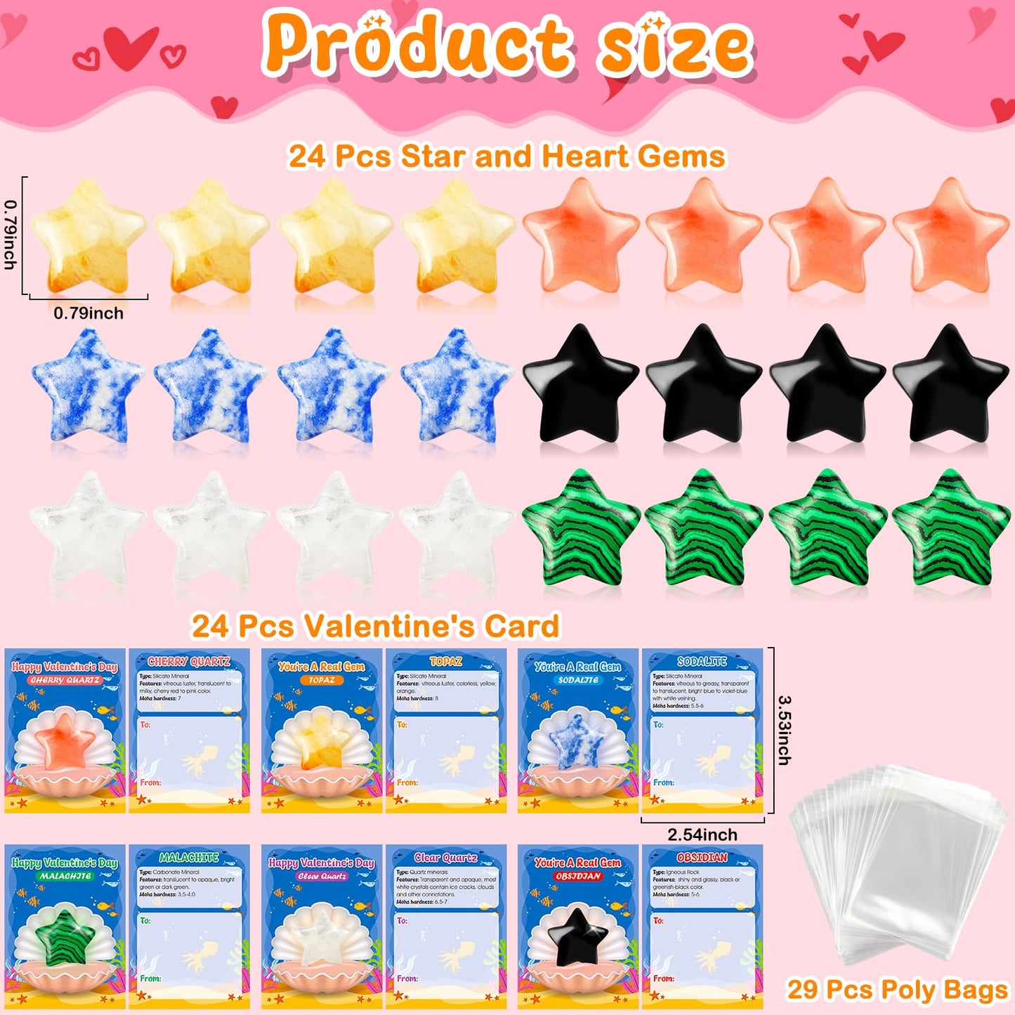 iMopo Valentines Day Gifts for Kids-24 Pack Star Shape Crystal Stones with Valentines Cards Goodie Bags, Natural Love Healing Cr