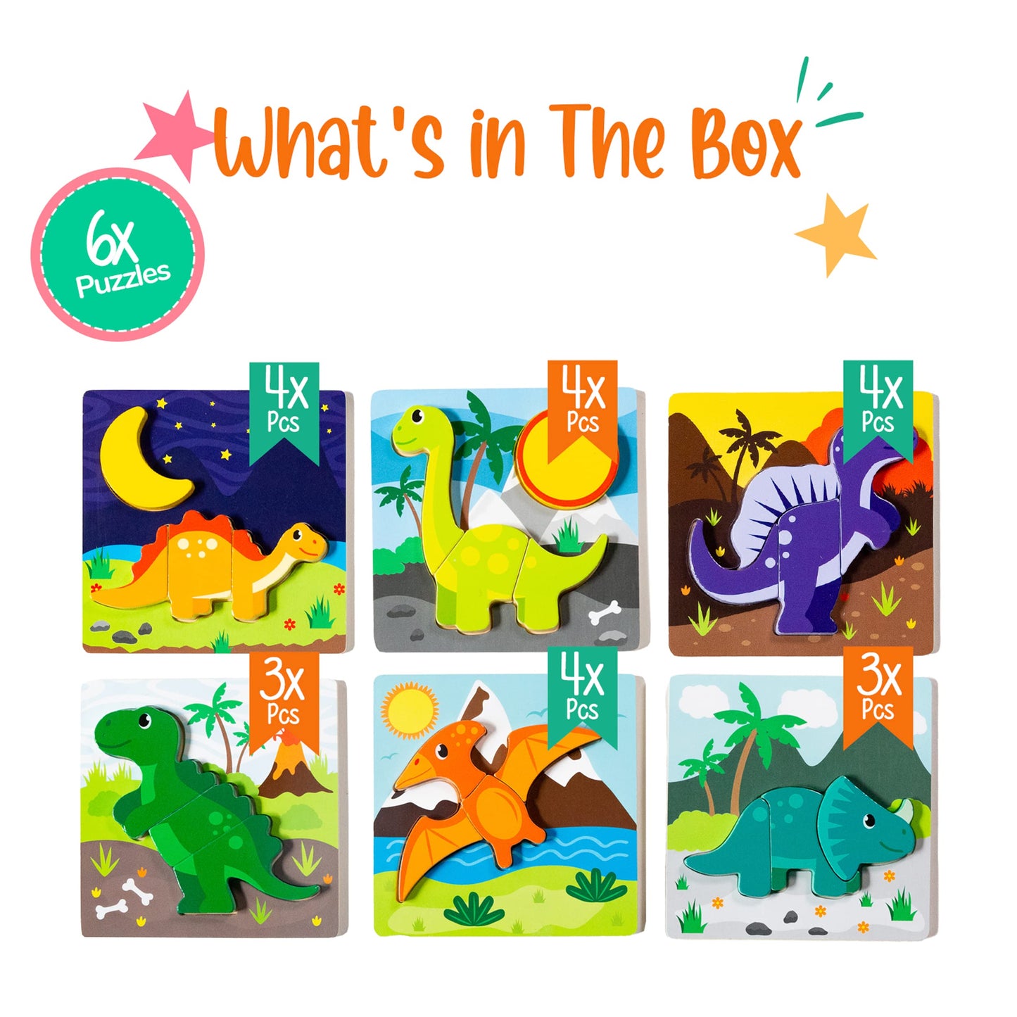 Klevly 6 Pk Dinosaur Wooden Toddler Puzzles Ages 2-4 | Wooden Puzzles For Toddlers 1-3 | Montessori Toys For 2 Year Old | Learni
