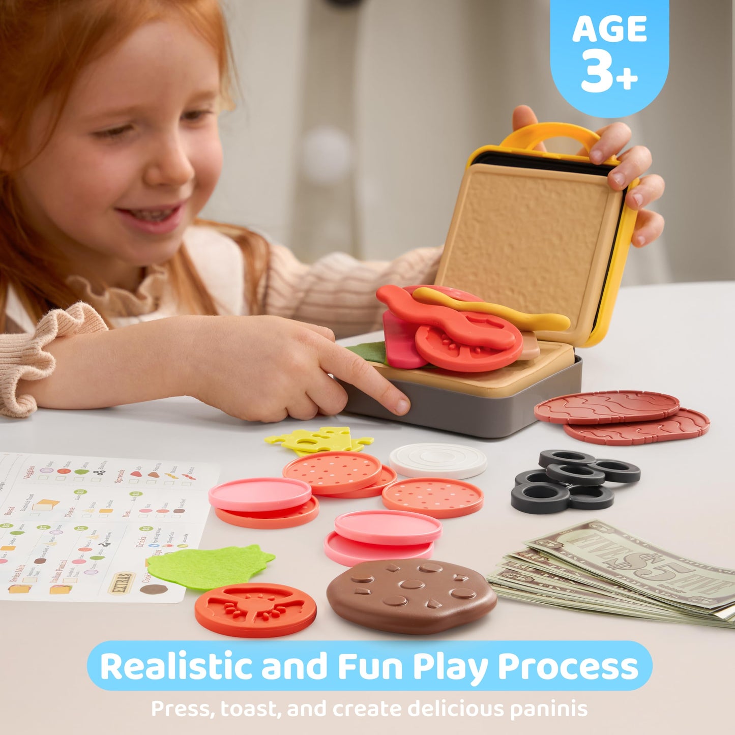 Play Food Toy For 3 4 5 6 Year Old Kids, 35 Pcs Play Kitchen Accessories, Interactive Panini Sandwitch Making Toy With Menu And