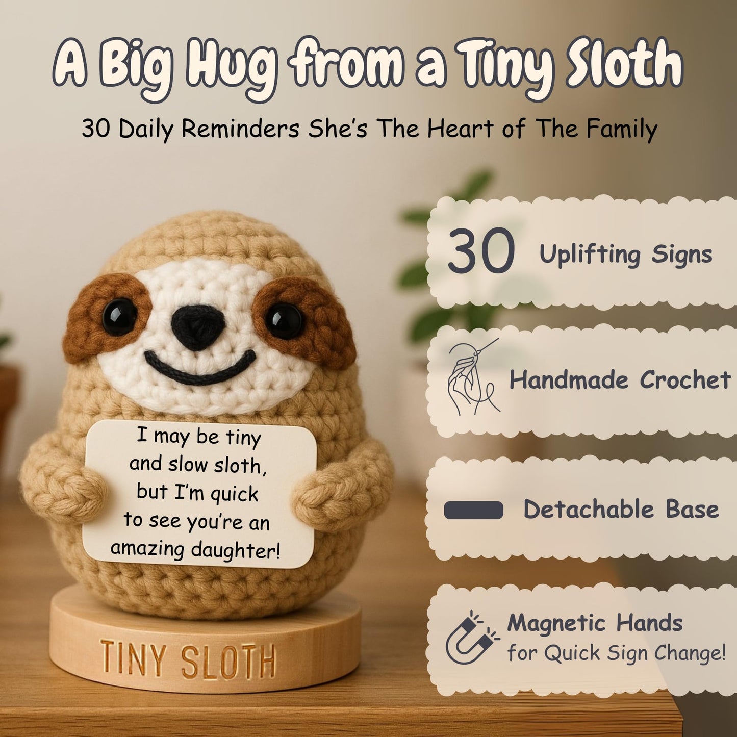 Gifts for Daughter - Tiny Crochet Sloth Doll with 30 Encouraging Messages - Emotional Support for Teenage Girl or mature-themed Step Bonus Daughter Stepdaughter - Christmas or Birthday Gift from Mom and Dad