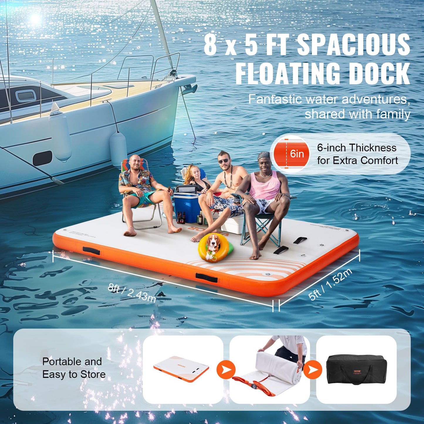 Vevor Inflatable Floating Dock, 8 X 5Ft Inflatable Dock Platform, Non-Slip Water Floating Dock Mat With Portable Carrying Bag &