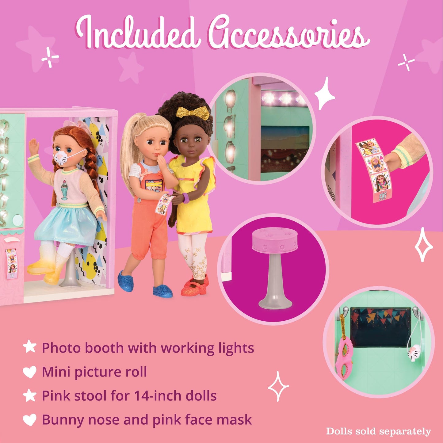 Glitter Girls Photo Booth for 14-inch Dolls - Pink, 89% Plastic, Model GG57015Z, Perfect for Girls 3 Years and Up