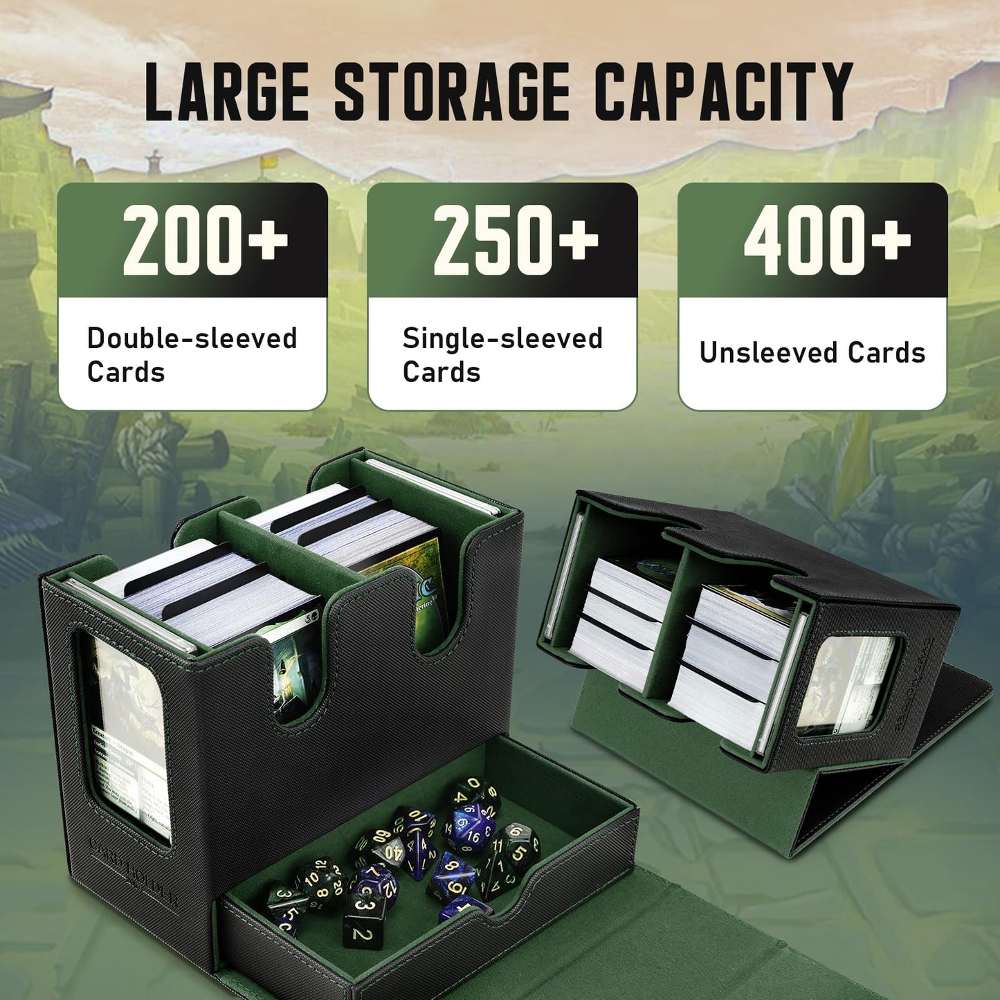 TiMOVO MTG Deck Box  MTG Commander Card Deck Box with Commander Display & Dice Tray Fits 400+ Unsleeved Cards  Leather Magnetic Card Storage Case with 6 Dividers for TCG CCG Magic Cards  Black+Green