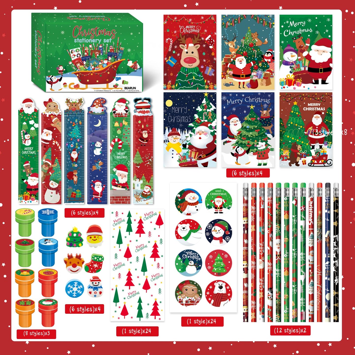 BEARUN 168 Pcs Christmas Party Favors Bulk for Kids-24-Pack Christmas Stationery Set for Stocking Stuffers, Christmas-Themed Cla