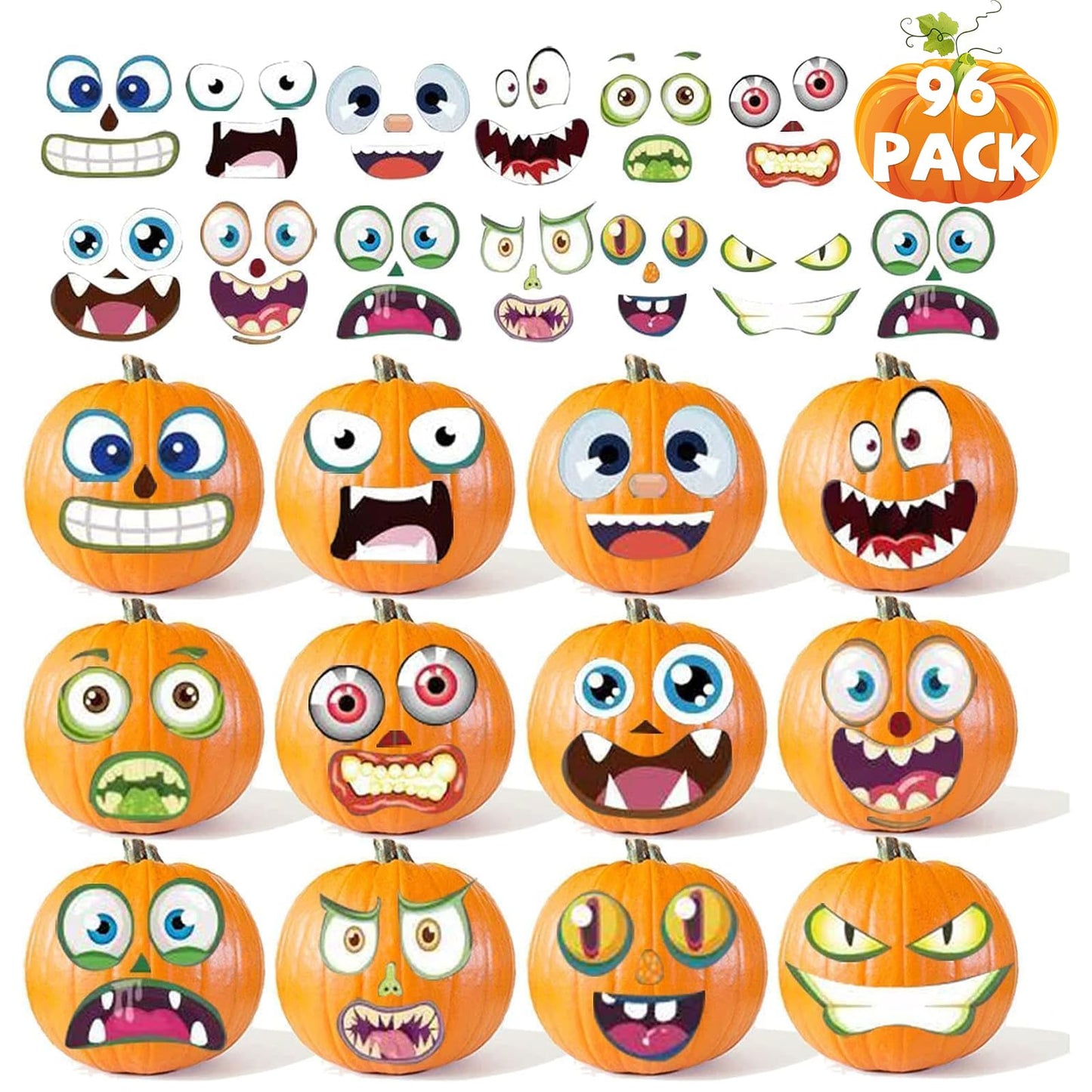 96 Pack Halloween Pumpkin Decorating Craft Stickers Mini Make 96 Small Pumpkin Face Sticker Monster Stickers for Halloween Kids 