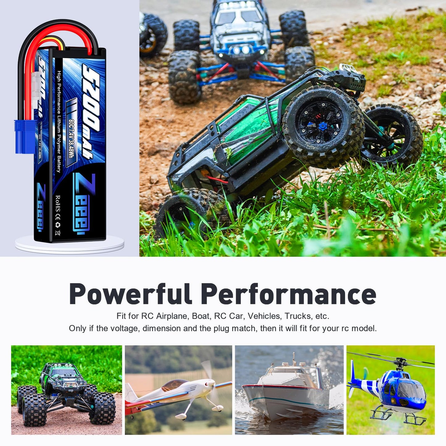 Zeee 2S Lipo Battery 7.4V 5200mAh 80C Hard Case Battery with EC5 Plug Compatible with 1/8 1/10 RC Vehicles Car Slash RC Buggy Tr