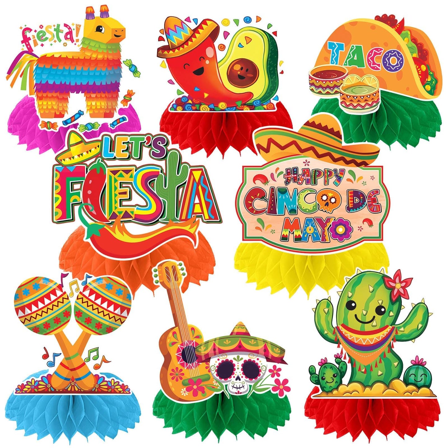 JULMELON 8PCS Cinco De Mayo Party Decorations, Mexican Fiesta Table Decorations Honeycomb Centerpiece for Mexican Theme Taco Par