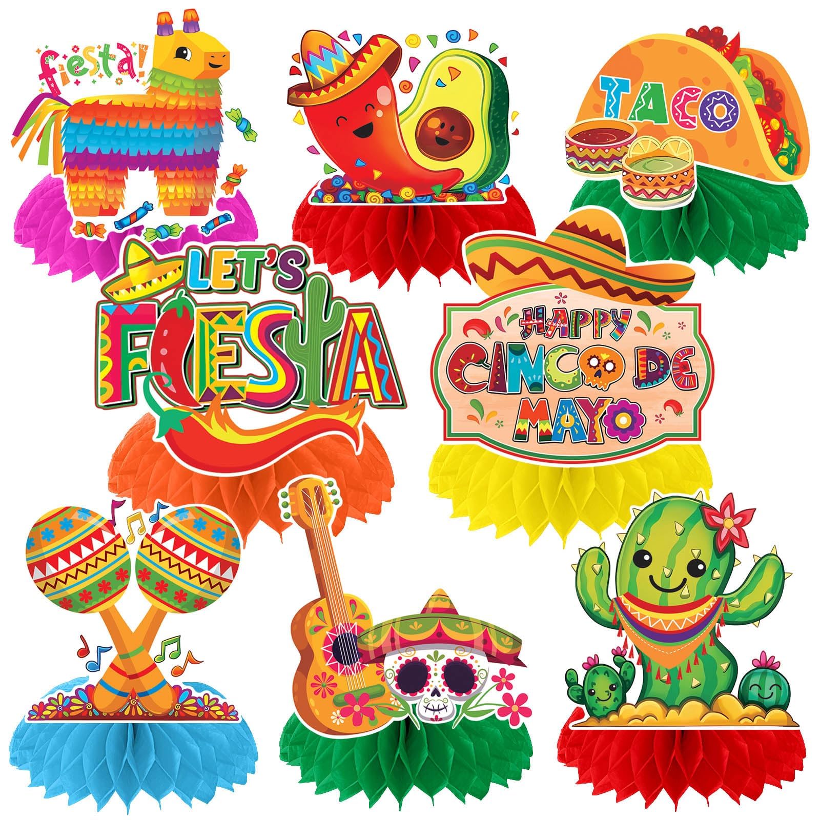 JULMELON 8PCS Cinco De Mayo Party Decorations, Mexican Fiesta Table Decorations Honeycomb Centerpiece for Mexican Theme Taco Par