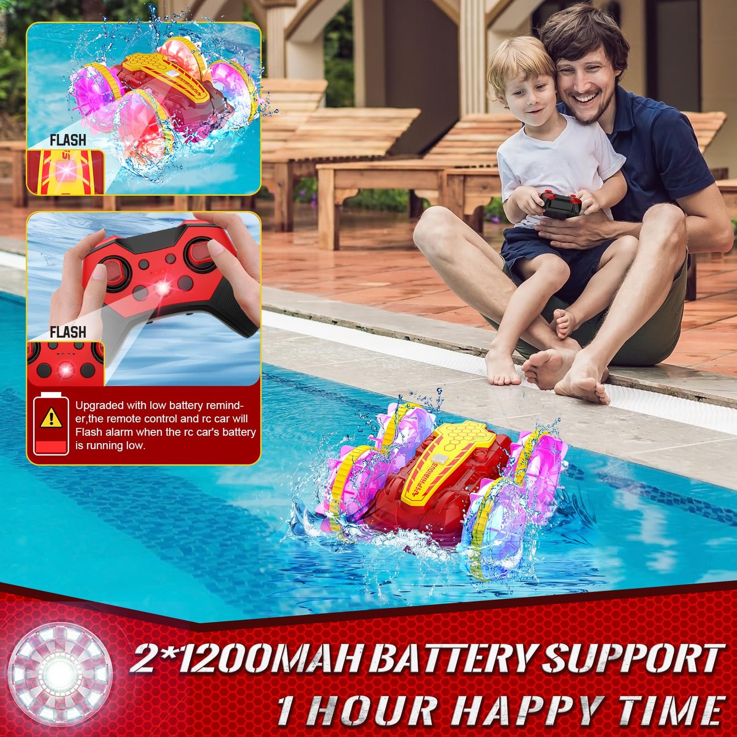 Amphibious RC Car with Lights for Kids 6-12 Year Old Gesture Sensor RC Stunt Cars Boat 4WD 2.4GHz Waterproof Hand Controlled Rem