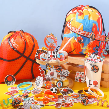 Sadnyy 140 Pcs Party Favors Birthday Party Decorations Supplies Drawstring Bags with Silicone Bracelets Keychains Straws Button