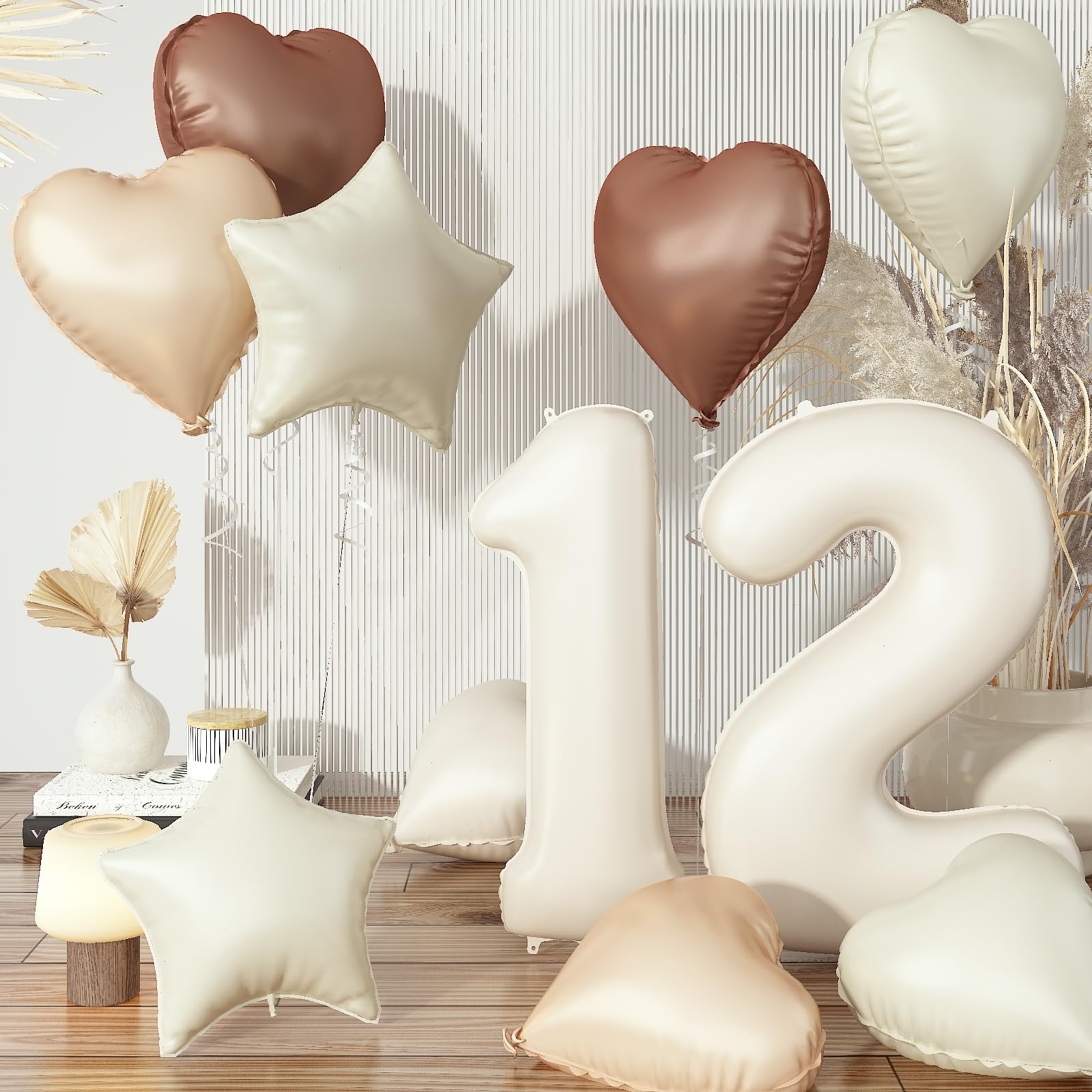 12Th Birthday Balloons For Girls, Large Foil Beige Cream Sand White Neutral 12 Balloon, Nude Tan Apricot Brown Helium Heart Star