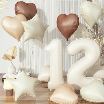 12Th Birthday Balloons For Girls, Large Foil Beige Cream Sand White Neutral 12 Balloon, Nude Tan Apricot Brown Helium Heart Star
