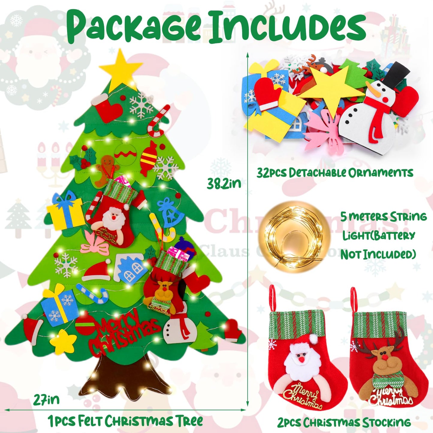 BABORUI Felt Christmas Tree for Kids with Christmas Stockings, Xmas Wall Hanging Ornaments Decorations with String Light for Tod