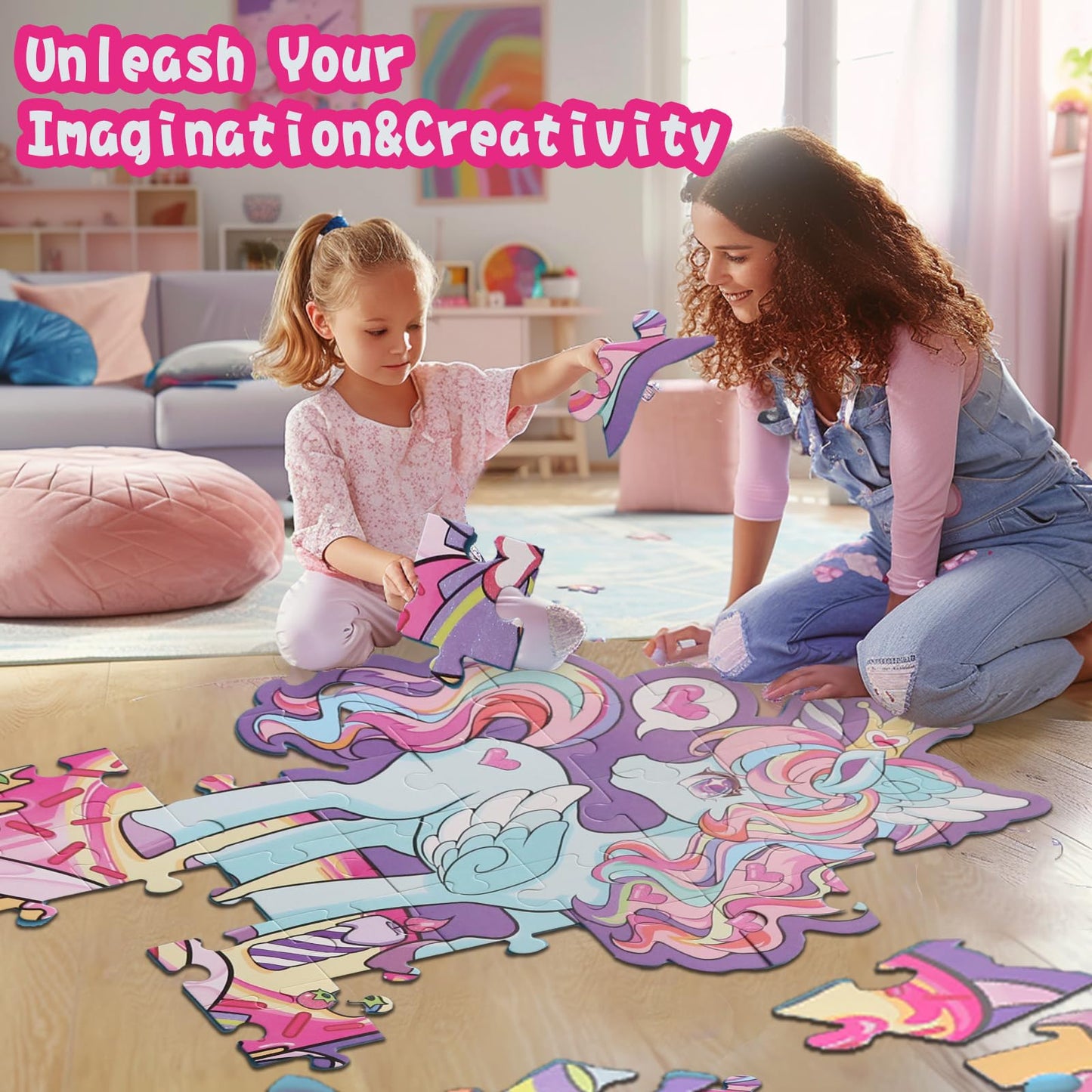 Large Shimmery Unicorn Floor Puzzle For Kids Ages 4-8, 45+ Pieces Large Jigsaw Puzzle For Kids&Toddler Ages 3 4 5 6 7 8, Educati
