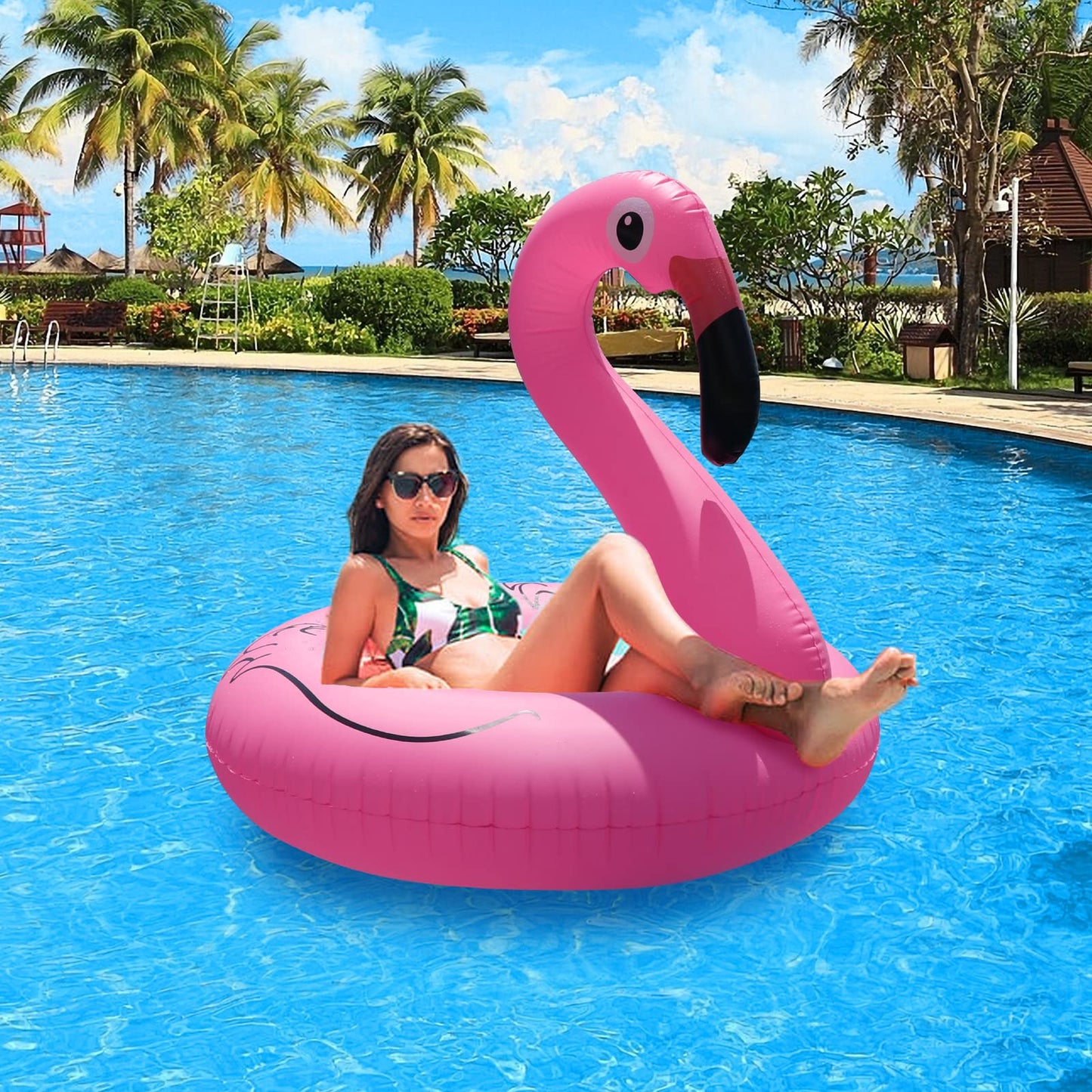 FlyfreeU 42 Pink Flamingo Inflatable Pool Float with Solar Lights - Large Raft for Adults, Perfect for Pool, Lake, and Beach Fun