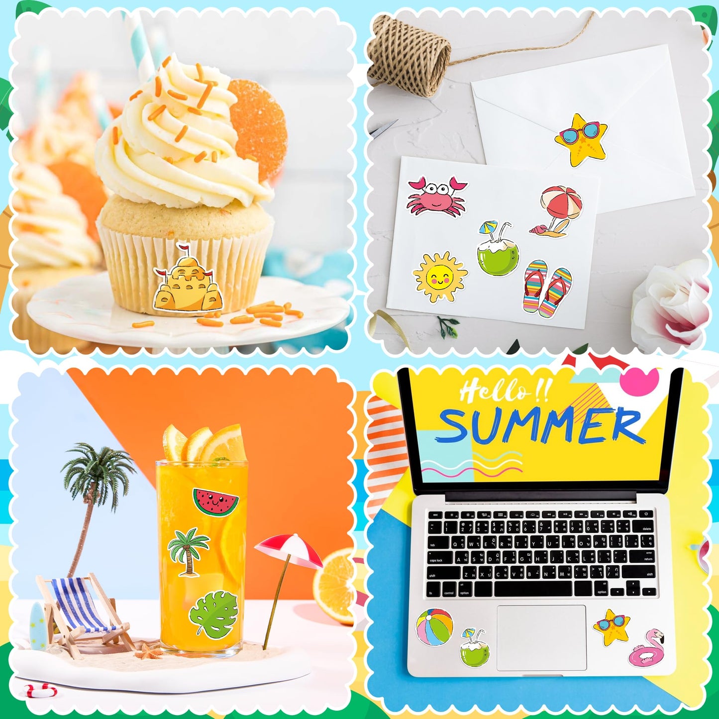 Beyumi Summer Beach Roll Stickers - 1000Pcs Summer Beach Stickers In 2 Rolls Waterproof Vinyl Cute Drawing Style Decals For Phone Laptop Water Bottle Notebook Luggage Computer Envelope Decor For Kids