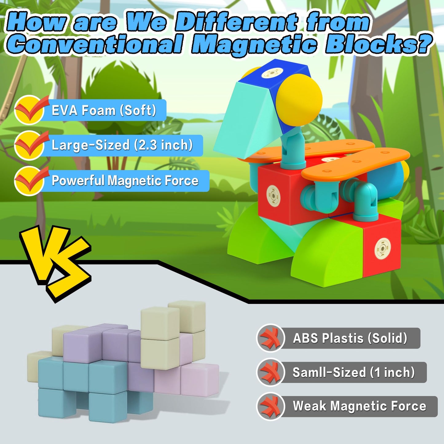 Lamvol Foam Magnetic Blocks, Sensory Bath Toys Building Blocks for Toddlers 1-3, Travel Outdoor Preschool Montessori Toys for Ki