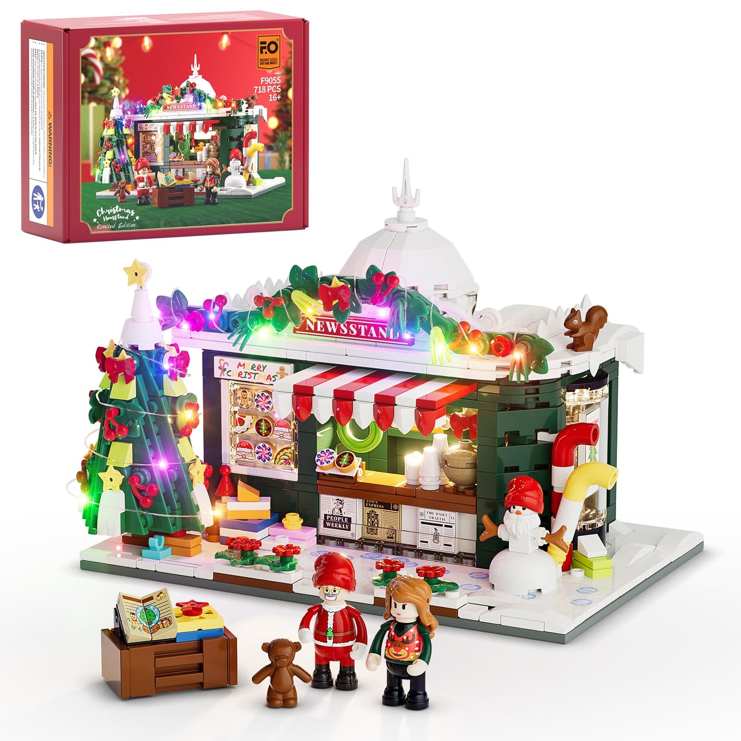 Funwhole Christmas-Newsstand Lighting Building-Bricks Set - City Town Christmas House Led Light Winter Decoration Modular Building Sets 718 Pcs Ideal Holiday Collectible For Adults And Family