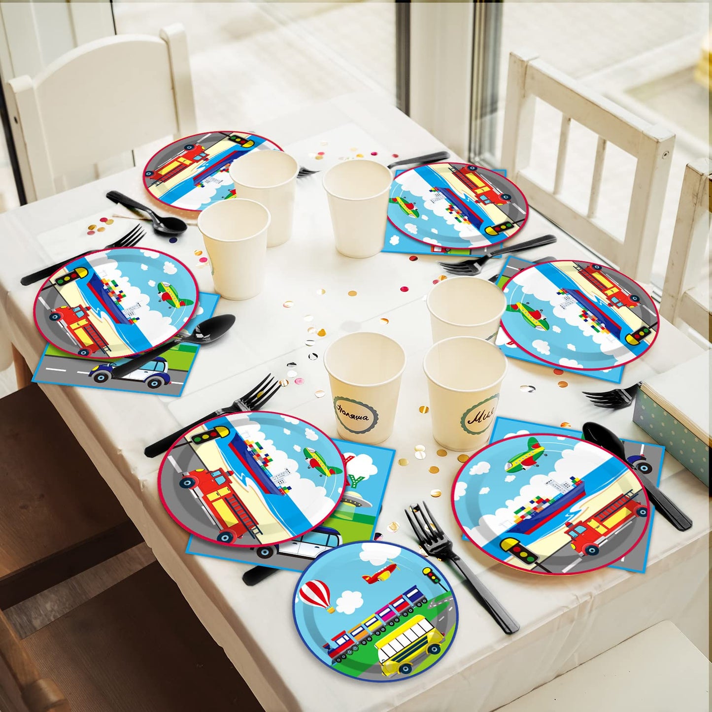Gisgfim 96 Pcs Transportation Party Plates And Napkins Party Supplies Car Party Tableware Set Bus Train Plane Ship Traffic Light