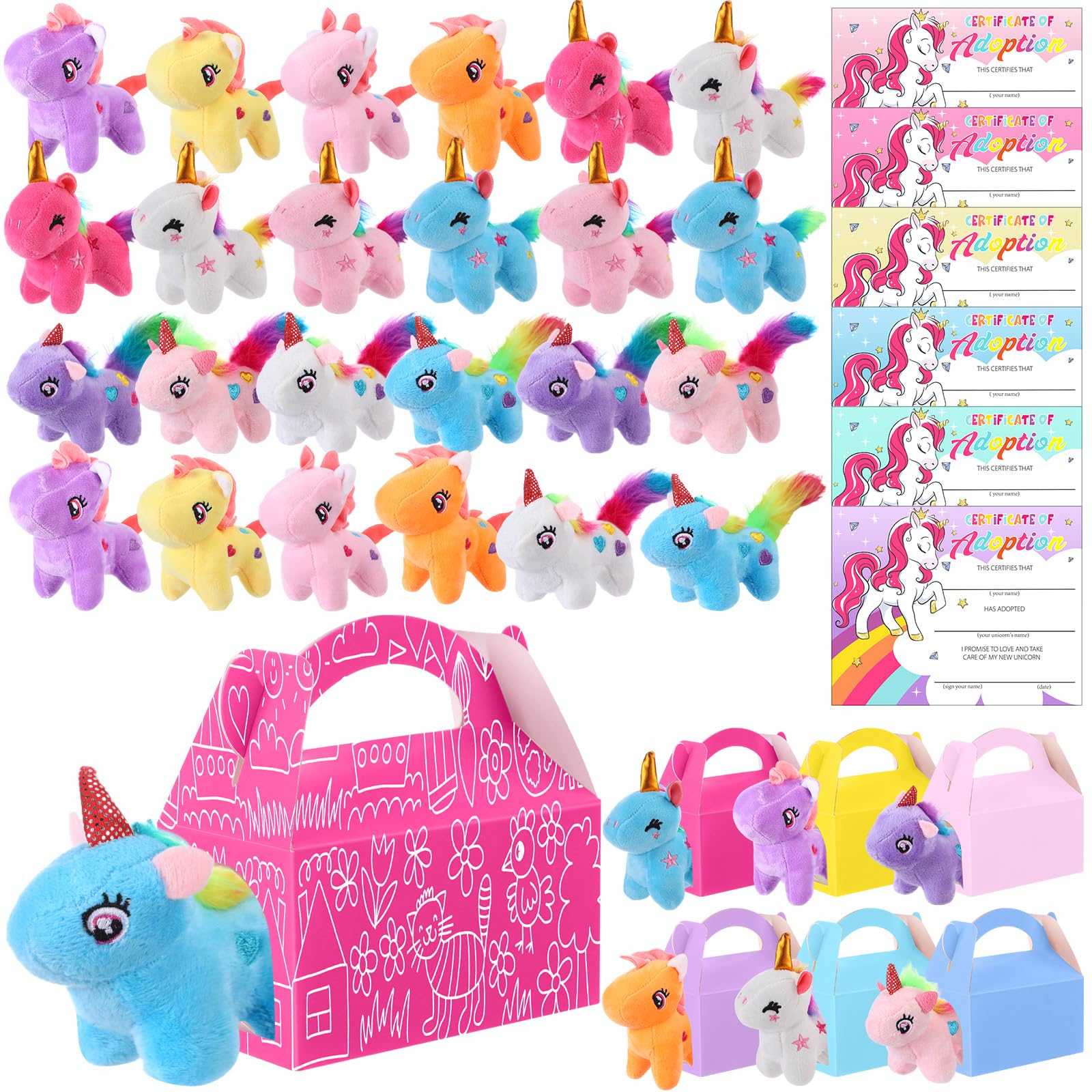 JellyArch 24 Set Unicorn Party Favor Bulk Toys Bulk Mini Plush Unicorn Stuffed Animals, Adoption Certificate and Goodie Gable Tr
