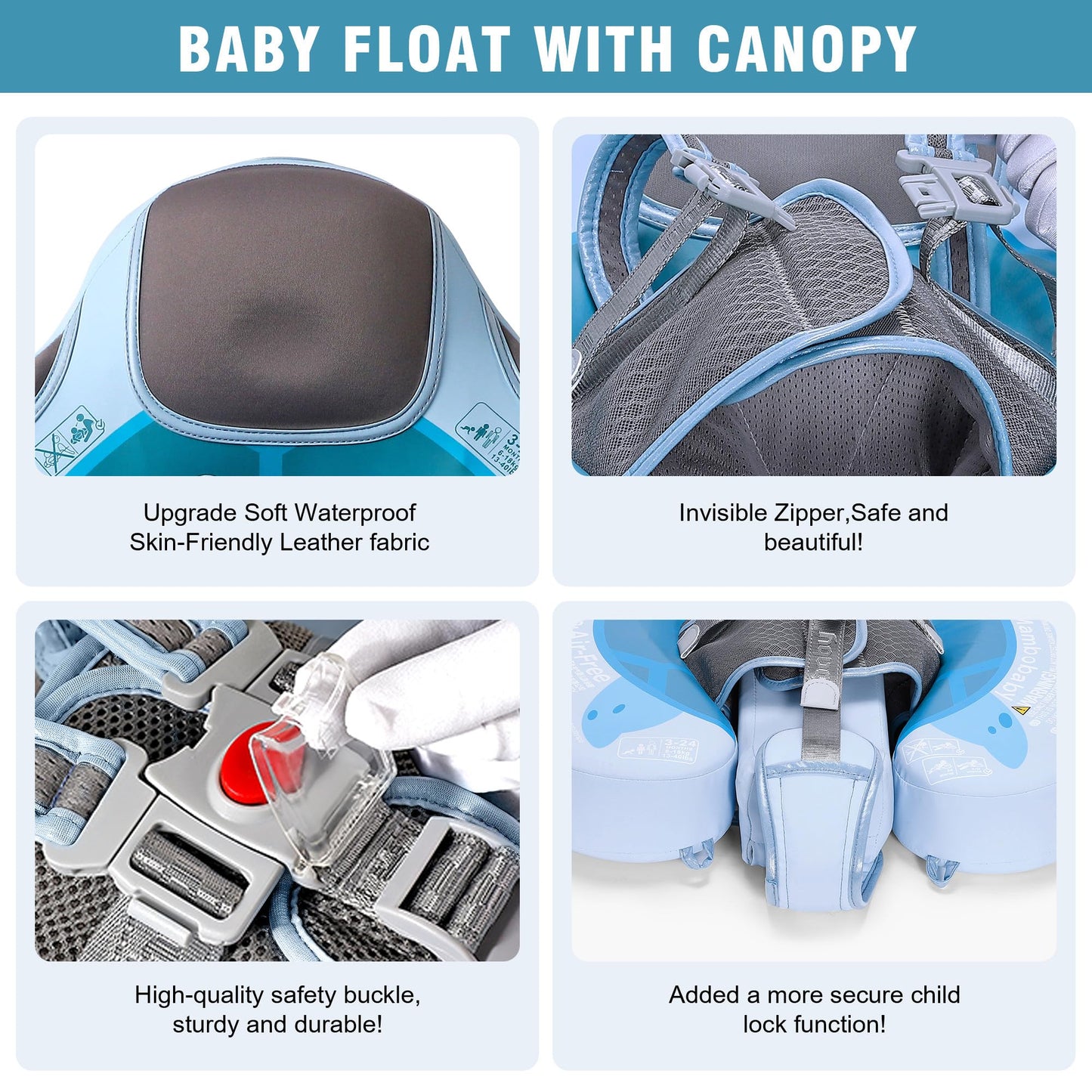 Mambobaby Baby Pool Float with Removable Sun Canopy - Non Inflatable Infant Swim Float with Anti-Flip Tail Design, Waterproof &