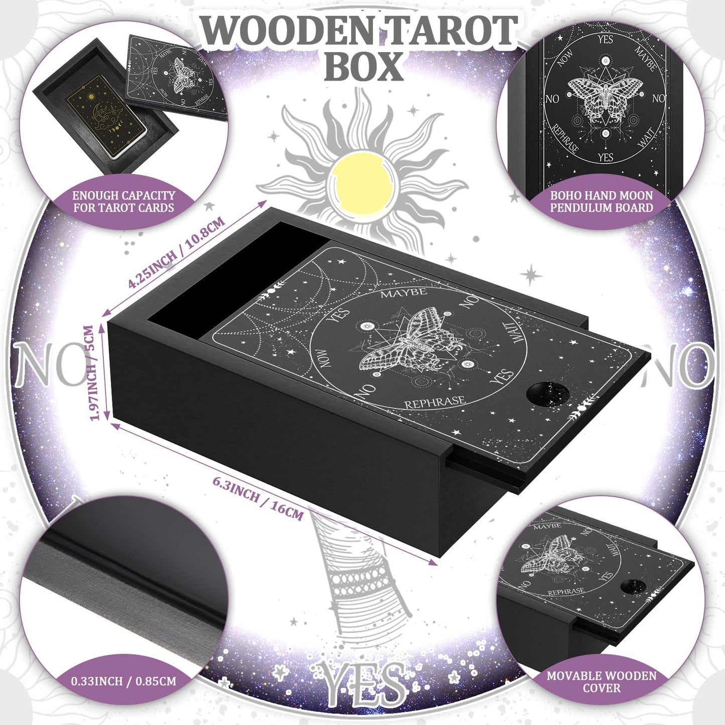 Wooden Tarot Card Case And Wooden Tarot Card Stand Holder, Tarot Cards Box Fortune Telling Trinket Keepsake Box With Pendulum Board Moon Shape Tarot Card Altar Display Stand For Witch (Stylish Style)